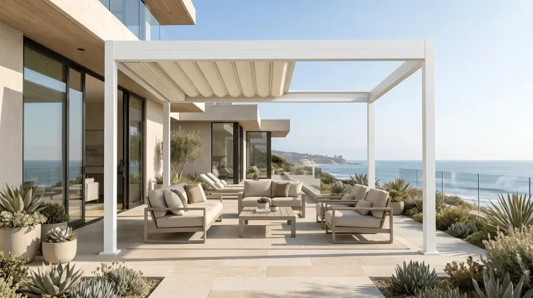White R-WEAVE™ retractable fabric pergola over an oceanfront lounge terrace