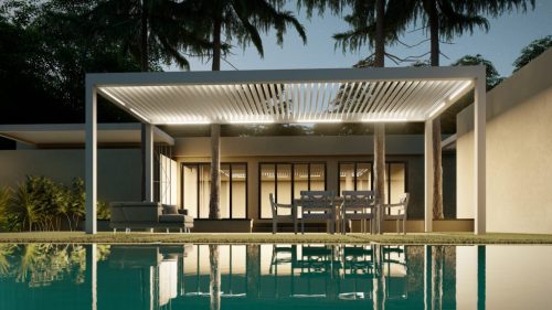 outdoor living room covered with louvered pergola - LED lighting