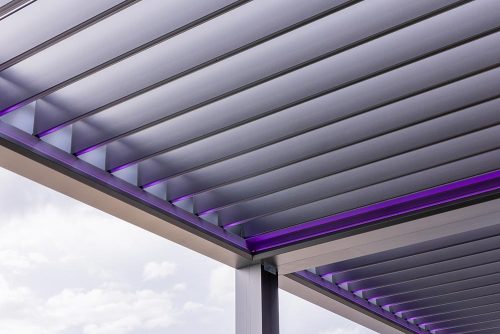 Motorized louvered roof and RGB light option for commercial pergola R-BLADE, by Azenco Outdoor