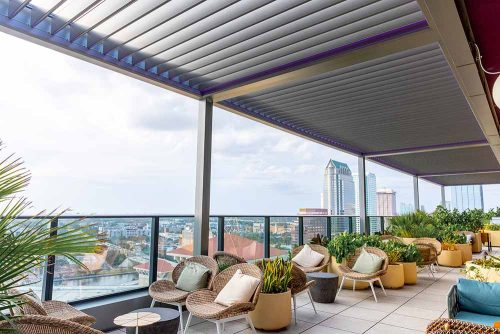 Azenco commercial pergola: Model R-BLADE with electric louvered roof