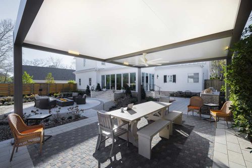 Black alumnim frame with Azenco's premium insulated roof in White: R-SHADE custom pergola