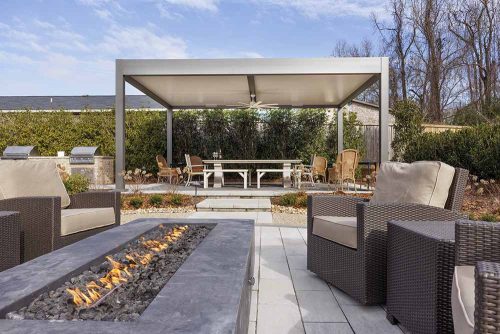 Freestanding grey bronze and whote fixed roof pergola. R-SHADEvbby Azenco