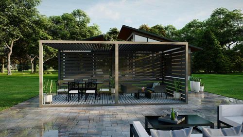 Double caban blocks with integrated floor and manula louvered systeme in grey bronze - K-BAN by Azenco