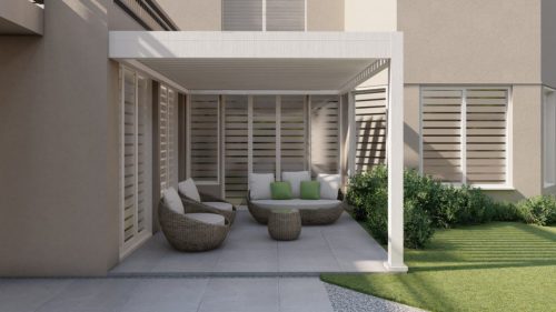 Patio covered with louvered pergola - wall-mounted, 2 posts