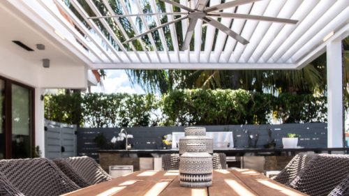 double outdoor structure - motorized louvered roof pergola with fan