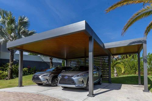 Grey and wood finish insulated roof panels for two cars - Azenco
