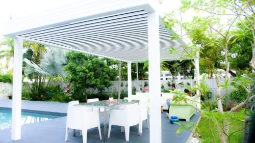 standalone louvered structure in white