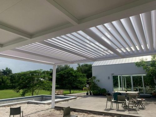 double outdoor cover: fixed roof and louvered roof pergolas r-blade and r-shade combination