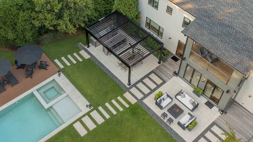 Residential Louvered Roof R-BLADe pergola - Aerial view: Azenco Outdoor