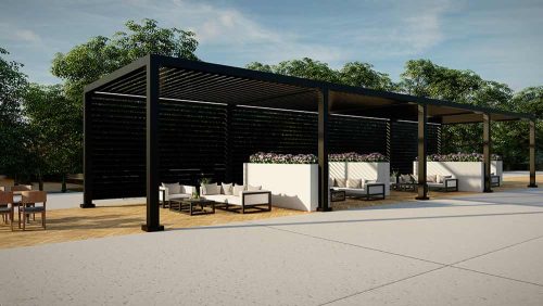 Commercial pergola with fixed louvered roof - 3D rendering before . Azenco
