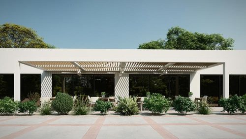 Restaurant terrace pergola with white fixed louvered roof and frame - 3D rendering before . Azenco