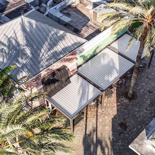 Drone view of commercial pergola - R-BLADE pergola by Azenco Outdoor