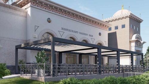 Commercial black and white pergola with fixed louvered roof - 3D rendering before . Azenco
