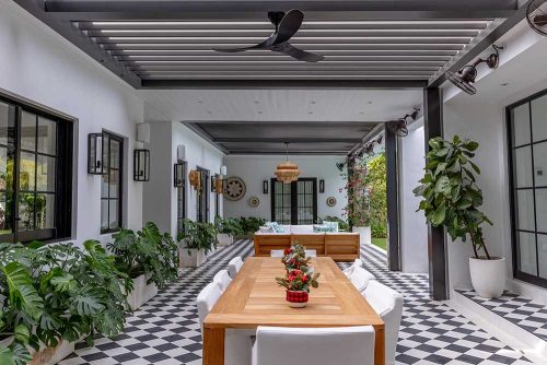Custom automated louvered rood insert: Model R-BLADE pergola roof by Azenco Outdoor