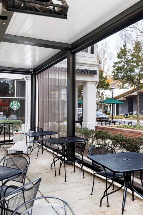 Outdoor heater and closed louvered roof pergola: Bar outdoor space with R-Blade pergola by Azenco