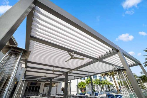 freestanding commercial pergola terrace with grey bronze aluminum frame and white louvers - Azenco Outdoor