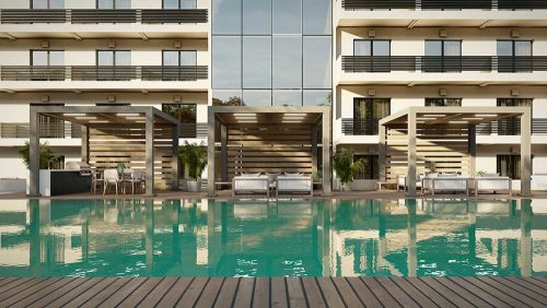 Hotel rooftop pergola with fixed louvered roof - 3D rendering before . Azenco
