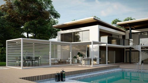 L-shaped manual louvered pergola by Azenco Outdoor