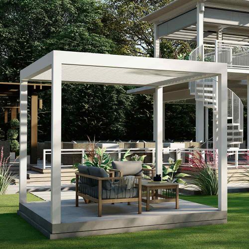 white aluminum standrd cabana with manual louvered roof and integrated floor: K-BANA by Azenco