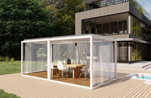 pool deck with cabana in white