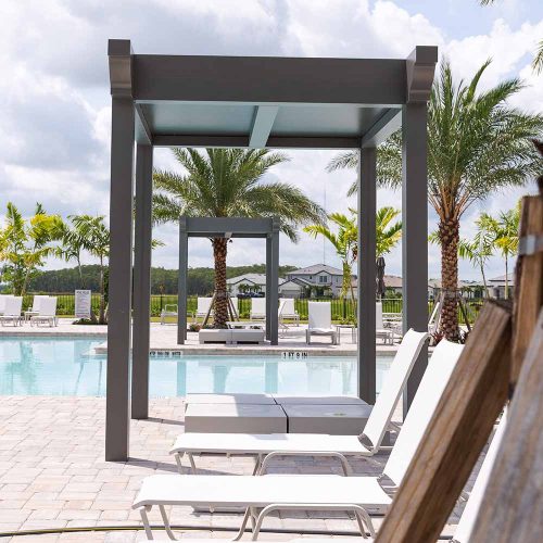 Community pool with modern cutsom pergolas - Azenco Outdoor