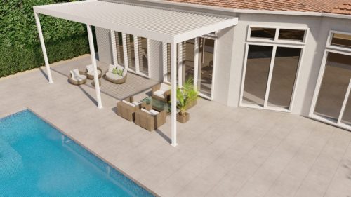 louvered pergola in white - pool deck