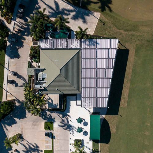 Drone view or custom pergola for restaurant - R-BLADE louvered roof by Azenco Outdoor