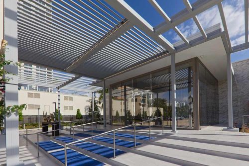 R-BREEZE fixed louvered pergola for buidlings - Azenco pergola