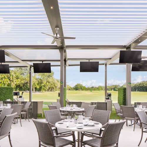 Restaurant pergola and TVs - Boca West Country Club - Motorized louvered roof by Azenco