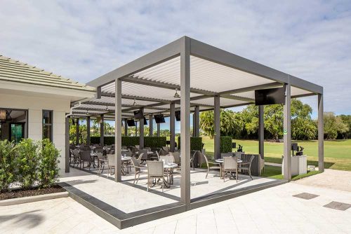 Greay bronze frame and white louvered roof comemrcial pergola - R-BLADE by Azenco