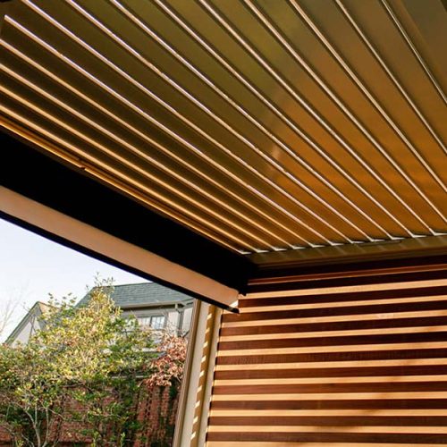 Half closed dual-walled louverd roof. Best weatherproof solution on the market. Azenco Outdoor