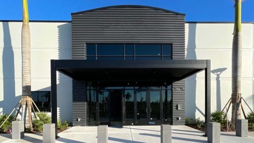 Front porch church entrance - Black patio cover by Azenco. South Florida, USA