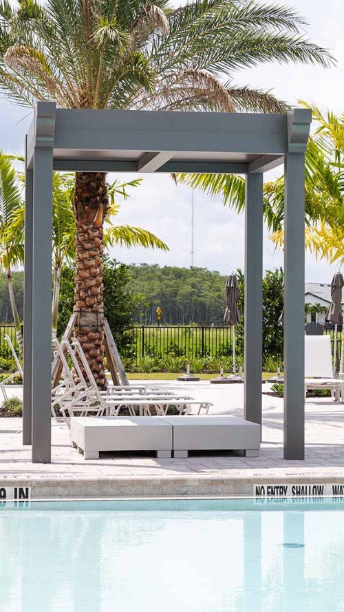 Aluminum pergola structure at Verdana Village community area.