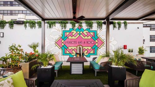 Holston Hotel rooftop - Nashville, TN. Covered pool deck with Azenco motorized pergola: R-Blade