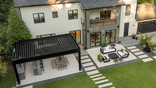 Aerial view of outdoor space with R-Blade pergola