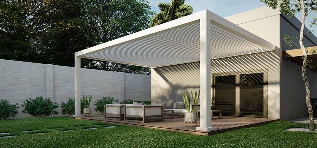 R-BREEZE fixed louvered pergola in a residential setting -azenco Outdoor